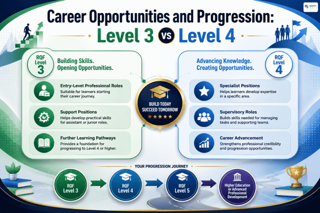 Infographic comparing RQF Level 3 and Level 4 qualifications, highlighting entry‑level roles, support positions, further learning pathways, specialist positions, supervisory roles, and career advancement opportunities for learners.
