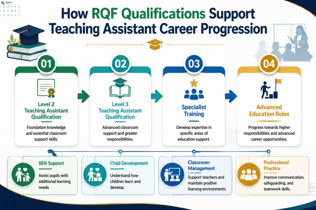 Infographic showing teaching assistant career progression through RQF qualifications, highlighting Level 2 foundation skills, Level 3 advanced classroom support, specialist training, and advanced education roles, with pathways in SEN support, child development, classroom management, and professional practice.