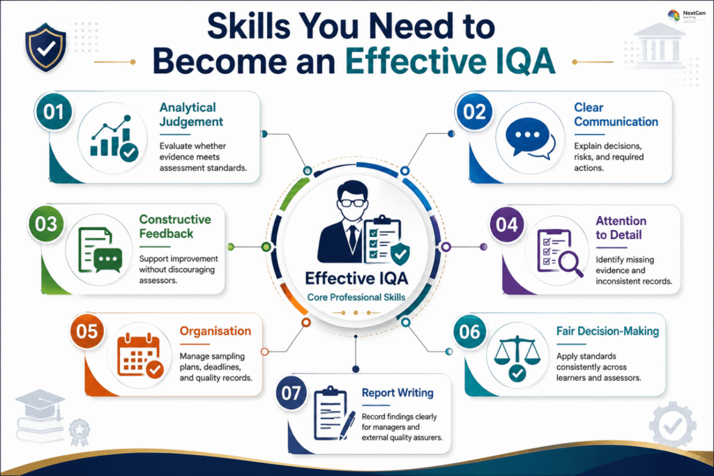 Infographic showing seven core skills for effective IQA, highlighting analytical judgement, clear communication, constructive feedback, attention to detail, organisation, fair decision‑making, and report writing for quality assurance in vocational education.