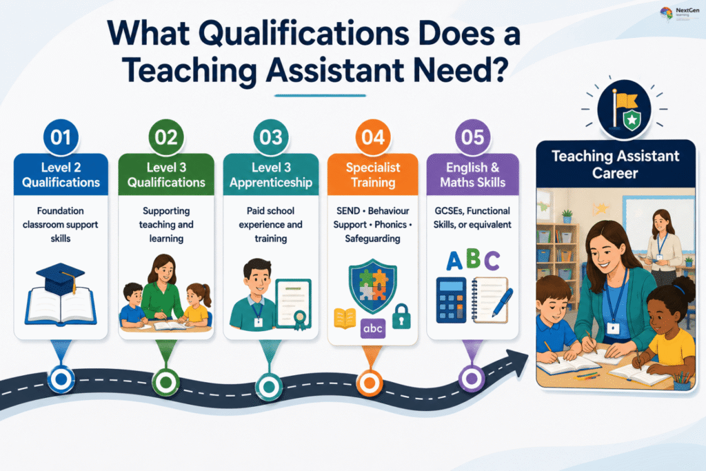 Infographic outlining qualifications needed to become a teaching assistant, including Level 2 foundation skills, Level 3 supporting teaching and learning, Level 3 apprenticeship training, specialist courses in SEND, behaviour support, safeguarding, phonics, plus English and maths skills for entry into the role.