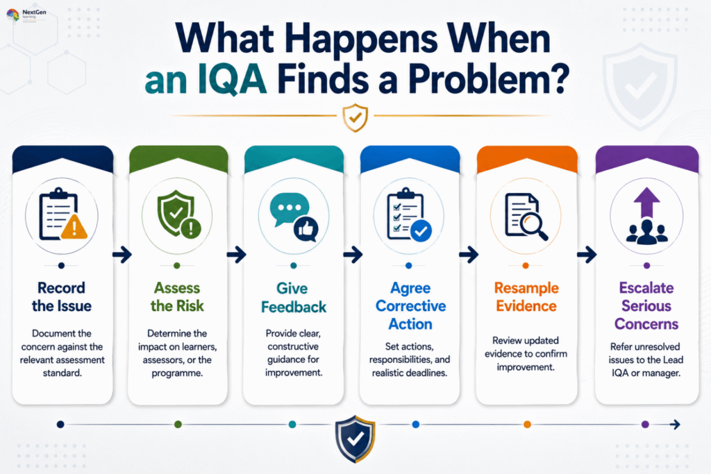 Infographic explaining the six‑step process followed when an Internal Quality Assurer (IQA) identifies a problem, including recording the issue, assessing risk, giving feedback, agreeing corrective action, resampling evidence, and escalating serious concerns to ensure fair, consistent, and compliant assessment practice.