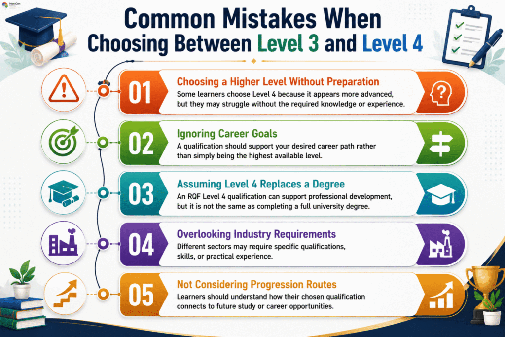 Infographic showing common mistakes when choosing between RQF Level 3 and Level 4 qualifications, highlighting lack of preparation, ignoring career goals, assuming Level 4 replaces a degree, overlooking industry requirements, and not considering progression routes.