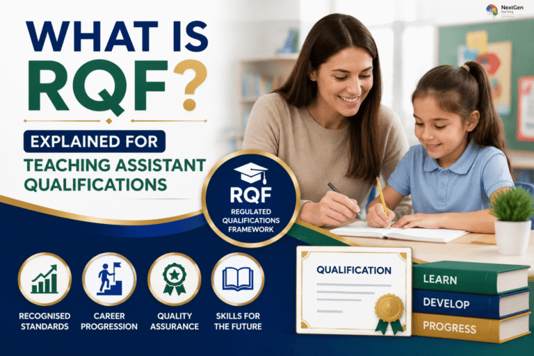 Infographic showing RQF for teaching assistant qualifications, highlighting recognised standards, career progression, quality assurance, and skills for the future in regulated learning pathways.