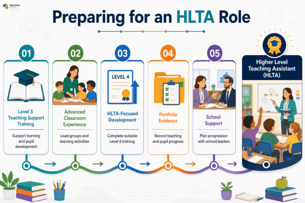 Infographic outlining steps to prepare for a Higher Level Teaching Assistant (HLTA) role, including Level 3 teaching support training, advanced classroom experience, Level 4 HLTA‑focused development, portfolio evidence, school support planning, and progression into HLTA responsibilities.