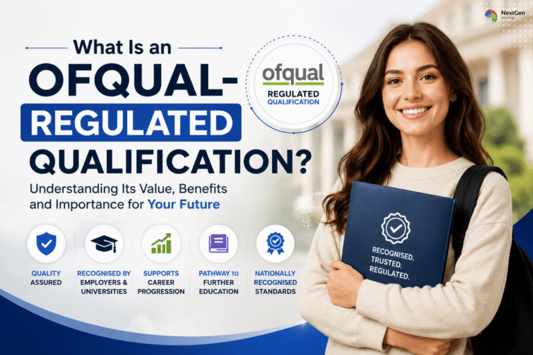 Infographic showing Ofqual‑regulated qualification, highlighting quality assurance, national recognition, career progression, employer acceptance, and pathways to further education.
