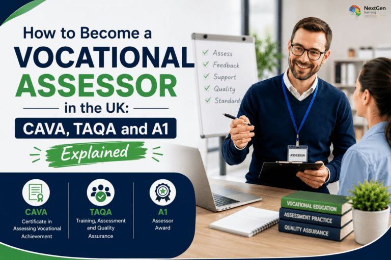Infographic showing vocational assessor qualifications in the UK, highlighting CAVA (Certificate in Assessing Vocational Achievement), TAQA (Training, Assessment and Quality Assurance), and A1 Assessor Award, with emphasis on assessment, feedback, support, quality, and standards.