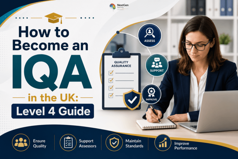 Infographic explaining how to become an IQA in the UK, highlighting Level 4 qualification pathways, quality assurance processes, assessor support, maintaining standards, and improving performance in vocational education.