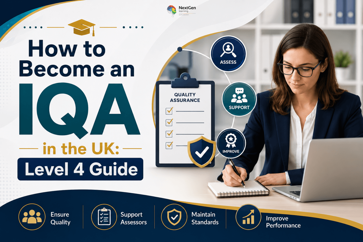 Infographic explaining how to become an IQA in the UK, highlighting Level 4 qualification pathways, quality assurance processes, assessor support, maintaining standards, and improving performance in vocational education.