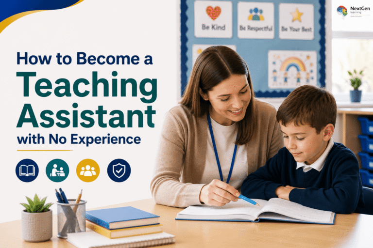 Infographic explaining how to become a teaching assistant without prior experience, highlighting entry pathways, education support, teamwork skills, and classroom guidance for beginners in vocational and academic settings.