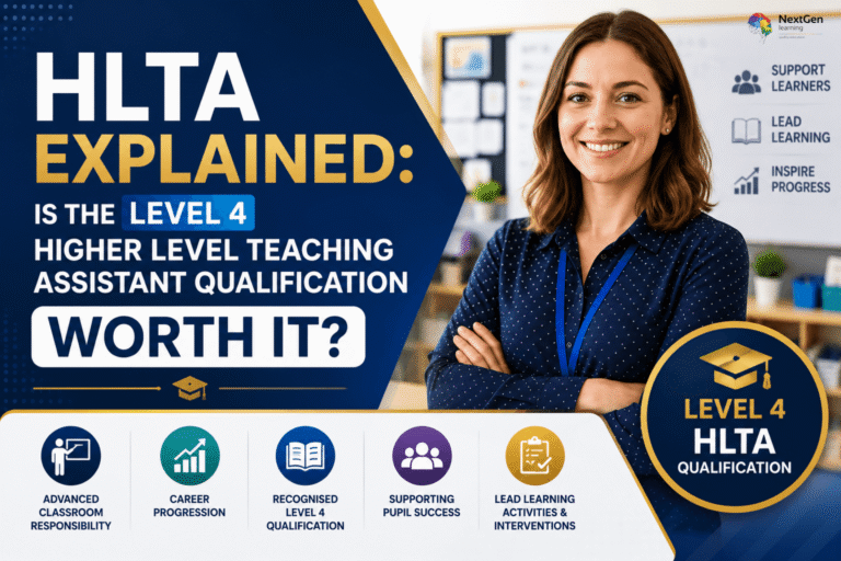 Infographic explaining the Level 4 Higher Level Teaching Assistant (HLTA) qualification, highlighting advanced classroom responsibility, career progression, recognised qualification status, supporting pupil success, and leading learning activities and interventions.