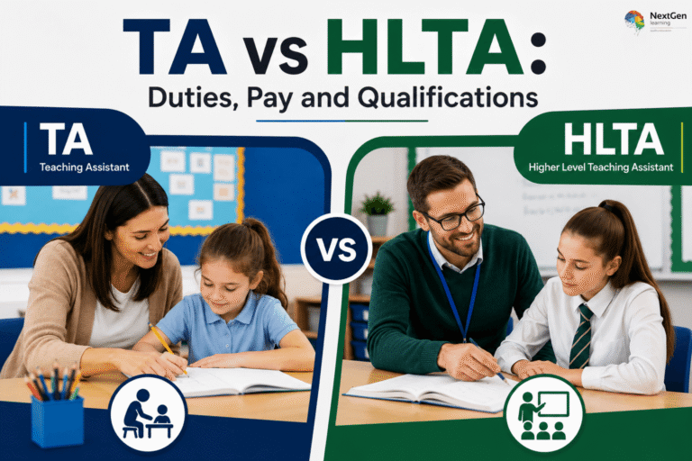 Infographic comparing Teaching Assistant (TA) and Higher Level Teaching Assistant (HLTA) roles, highlighting differences in duties, pay, qualifications, and responsibilities within schools and vocational education.