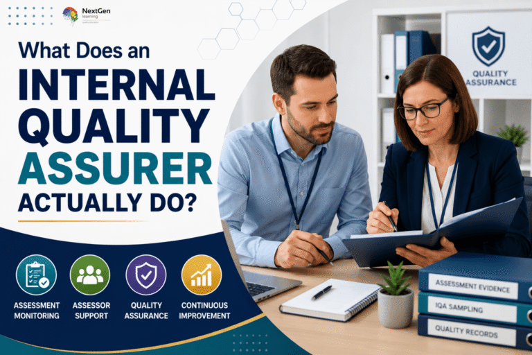 Infographic explaining the role of an Internal Quality Assurer (IQA), highlighting responsibilities such as assessment monitoring, assessor support, quality assurance, record sampling, and continuous improvement within training centres and organisations.