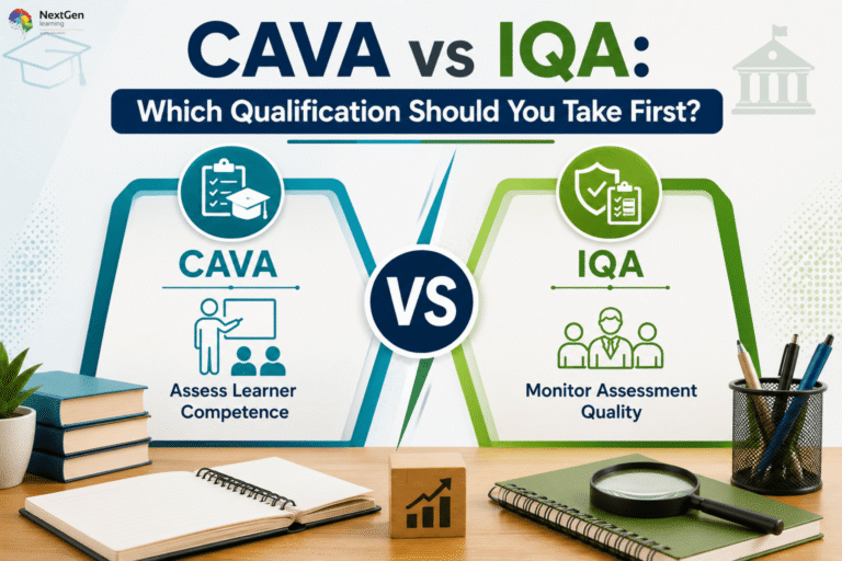 Infographic comparing CAVA and IQA qualifications, highlighting differences between assessing learner competence (CAVA) and monitoring assessment quality (IQA), with guidance on choosing the right starting point for education and training professionals.