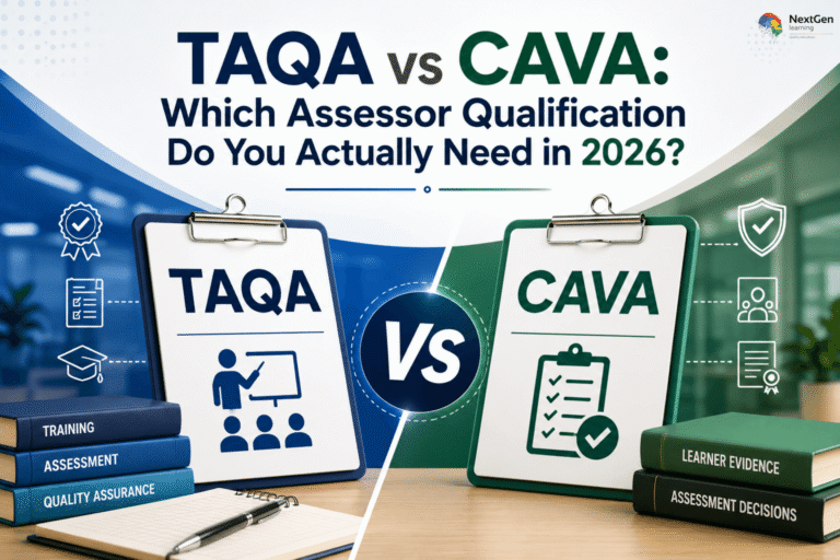 Infographic comparing TAQA and CAVA assessor qualifications, highlighting TAQA as a family of training, assessment, and quality assurance routes, and CAVA as the Level 3 Certificate in Assessing Vocational Achievement focused on workplace and classroom assessment, helping professionals choose the right qualification path in 2026.