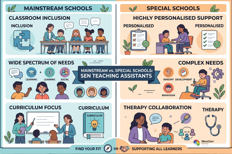 Visual guide comparing SEN teaching assistant school roles.