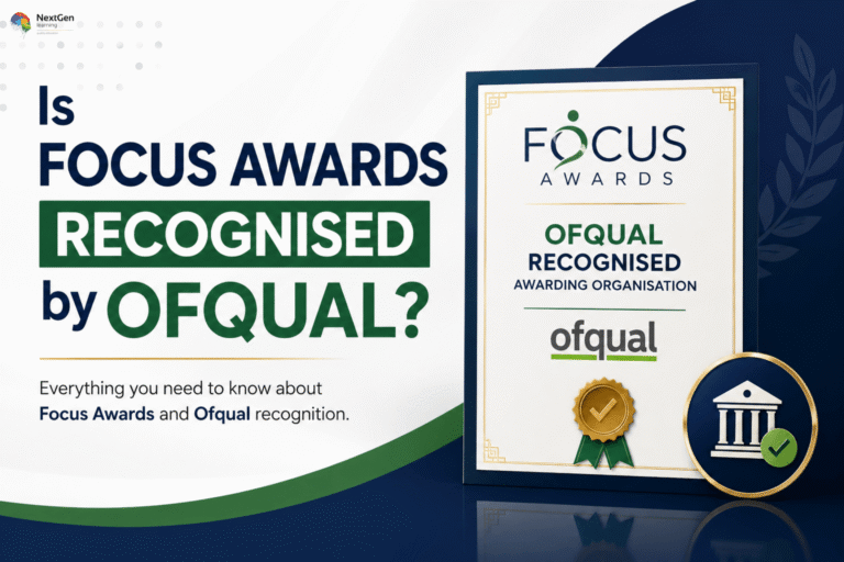 Infographic showing Focus Awards recognition by Ofqual, highlighting official awarding organisation status, credibility, employer acceptance, and regulated qualification assurance for learners and professionals.