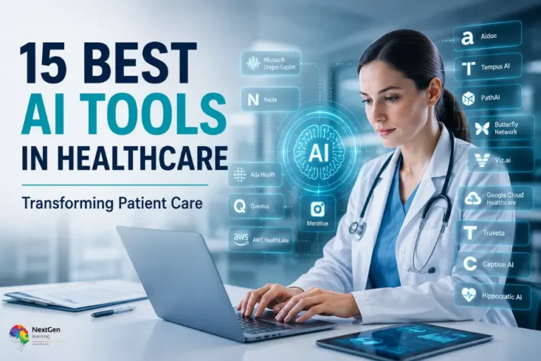 15 Best AI Tools in Healthcare featuring Microsoft Dragon Copilot, Nabla, Aidoc, Tempus AI, PathAI and other leading AI platforms helping healthcare professionals improve patient care, clinical documentation and hospital efficiency.