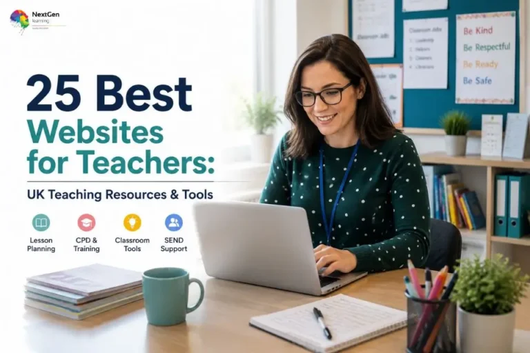 Teacher using a laptop in a modern UK classroom with the title "25 Best Websites for Teachers" showcasing lesson planning resources, CPD, SEND support and classroom tools.