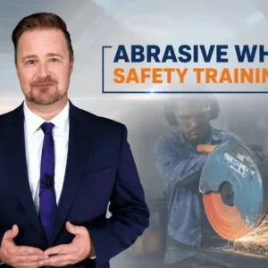 Abrasive Wheel Safety Training showing a worker safely using an abrasive cutting wheel with protective equipment.