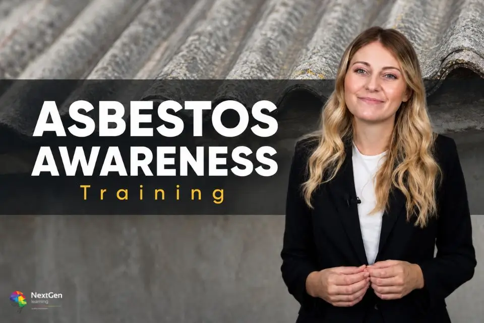 Asbestos Awareness Training course showing asbestos roofing materials and a professional training presenter.