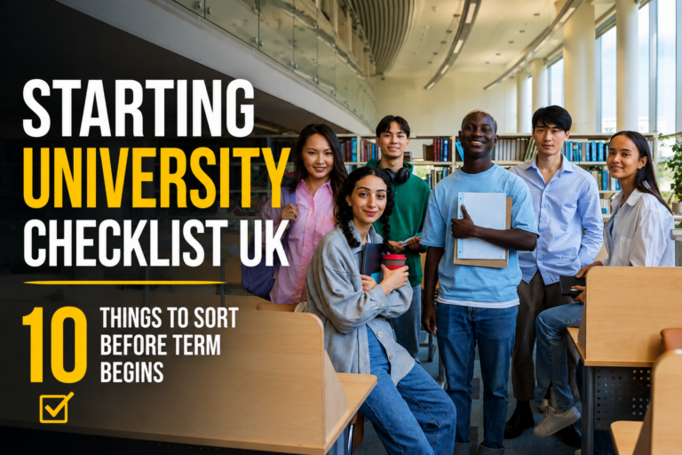 Two university students preparing for the new term with study supplies, books and essentials on a UK university campus.