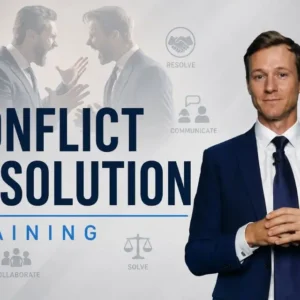 Conflict Resolution Training course image featuring a professional presenter with workplace conflict, communication, collaboration and problem-solving concepts.