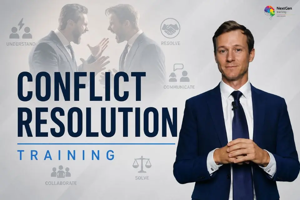 Conflict Resolution Training course image featuring a professional presenter with workplace conflict, communication, collaboration and problem-solving concepts.