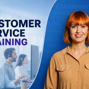 Customer Service Training course featuring a customer service professional and support team wearing headsets in a modern workplace.