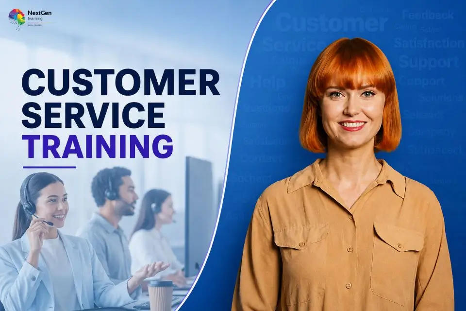 Customer Service Training course featuring a customer service professional and support team wearing headsets in a modern workplace.