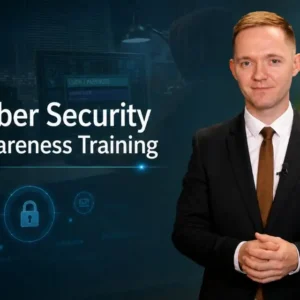 Cyber Security Awareness Training course featuring a professional instructor with digital security, password login and padlock graphics.