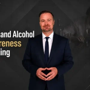 Drug and Alcohol Awareness Training course graphic featuring a professional male presenter with substance misuse imagery and NextGen Learning branding.