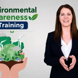 Environmental Awareness Training course featuring a professional trainer with illustrations of renewable energy, wind turbines, solar panels and sustainable environmental practices.