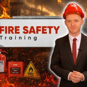 Fire Safety Training course featuring a fire safety instructor, fire extinguisher, fire alarm and fire hazard warning for workplace fire safety and prevention.