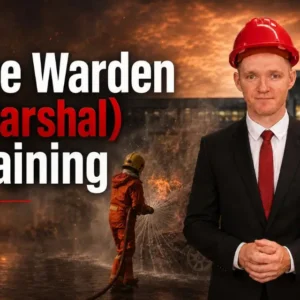 Fire Warden (Marshal) Training featuring a fire safety professional in a red safety helmet with an emergency fire response scene in the background.