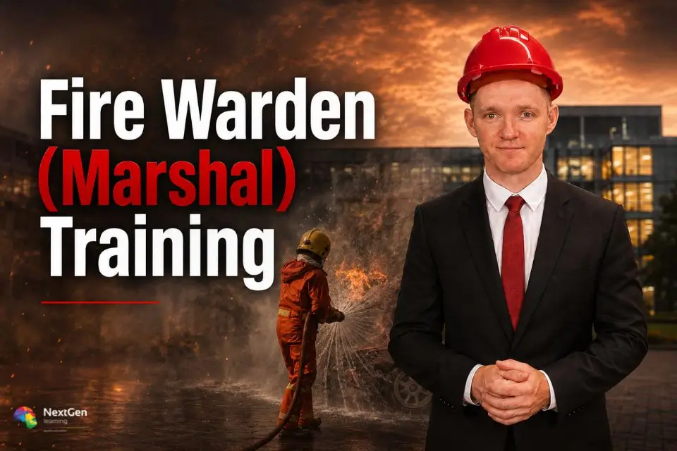 Fire Warden (Marshal) Training featuring a fire safety professional in a red safety helmet with an emergency fire response scene in the background.