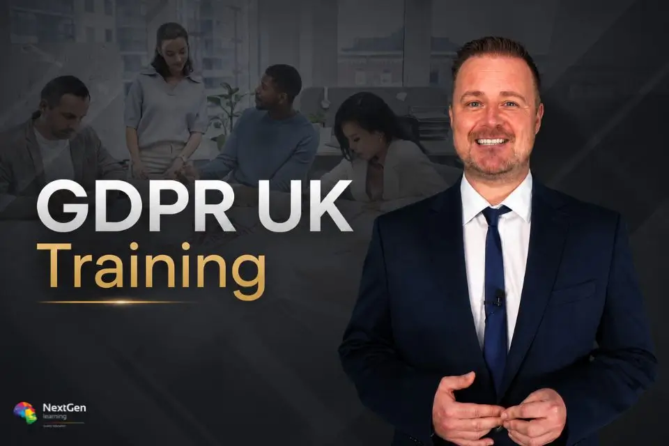 GDPR UK Training online course featuring a professional instructor with an office team, focused on UK GDPR and data protection compliance.