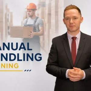 Manual Handling Training course featuring a professional trainer and warehouse worker carrying a box to illustrate safe lifting and handling practices.