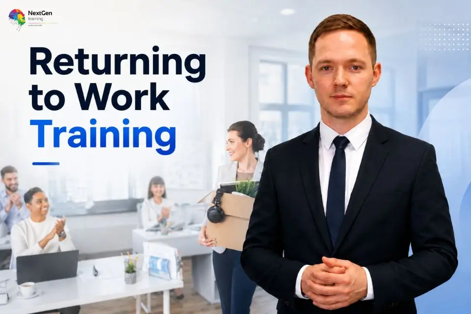 Returning to Work Training with a professional in a modern workplace, representing career confidence, workplace readiness and returning to employment.
