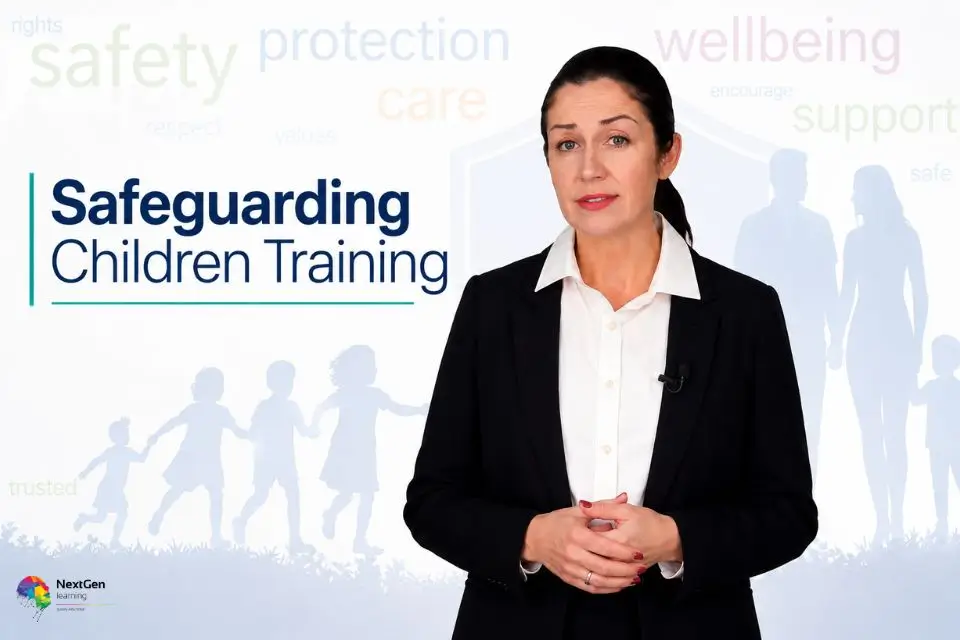 Safeguarding Children Training course with a professional presenter and child protection and wellbeing visuals.
