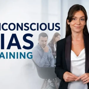 Unconscious Bias Training course image featuring a professional presenter with workplace colleagues in the background, promoting awareness of unconscious bias at work.