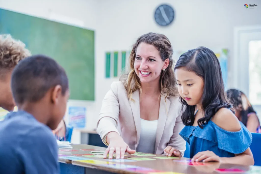 Infographic highlighting Route One into education careers, showing how starting as a teaching assistant builds classroom experience, develops transferable skills, supports learning, and opens progression pathways into advanced roles.