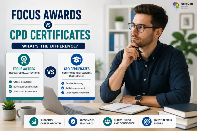 Infographic comparing Focus Awards regulated qualifications with CPD certificates, highlighting Ofqual regulation, RQF levels, structured assessment versus flexible learning, skills improvement, and ongoing professional development.