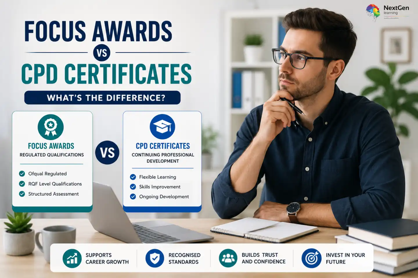 Infographic comparing Focus Awards regulated qualifications with CPD certificates, highlighting Ofqual regulation, RQF levels, structured assessment versus flexible learning, skills improvement, and ongoing professional development.