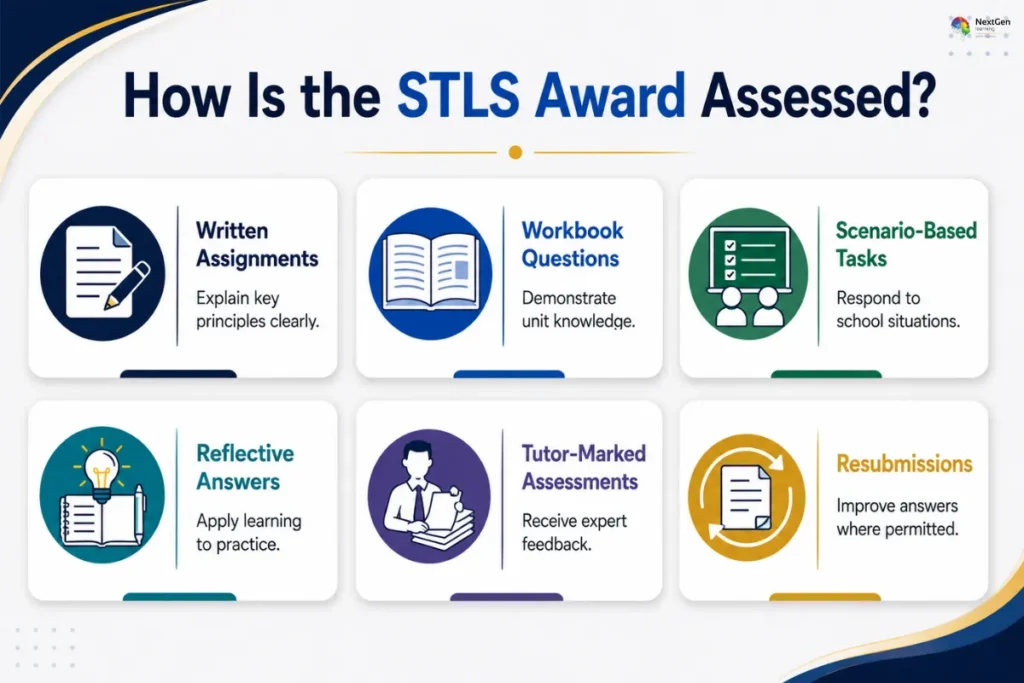 Infographic explaining STLS award assessment, focusing on written assignments, workbook questions, scenario‑based tasks, reflective answers, tutor‑marked assessments, and resubmissions to support learner progress.
