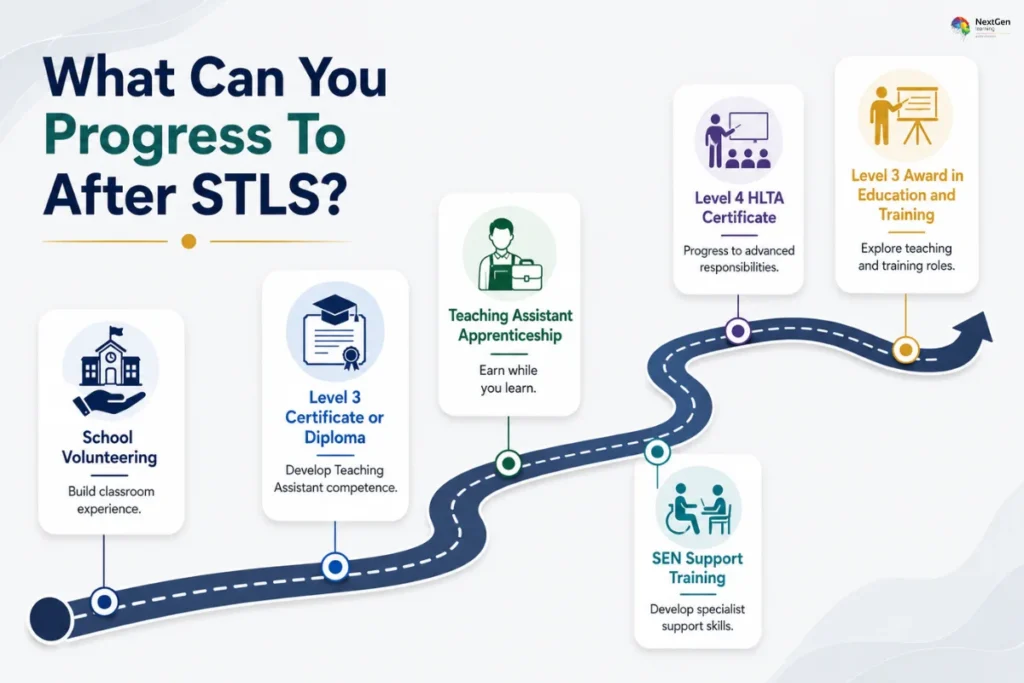 Infographic explaining career progression after STLS, focusing on school volunteering, Level 3 certificate or diploma, teaching assistant apprenticeship, SEN support training, Level 4 HLTA certificate, and Level 3 award in education and training.