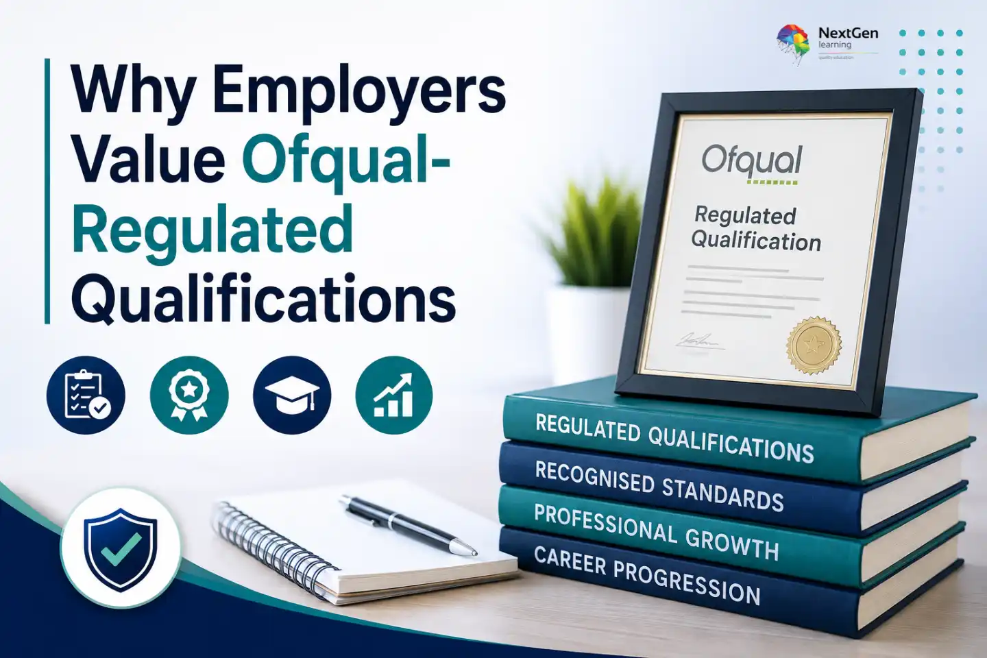 Infographic explaining why employers value Ofqual‑regulated qualifications, highlighting recognised standards, professional growth, career progression, credibility, and the importance of regulated qualifications in meeting workplace requirements.