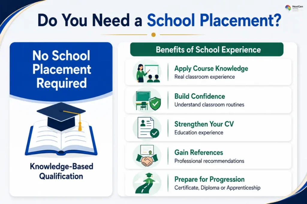Infographic comparing STLS qualification options, highlighting knowledge‑based study without school placement versus the benefits of classroom experience such as applying course knowledge, building confidence, strengthening CVs, gaining references, and preparing for progression.