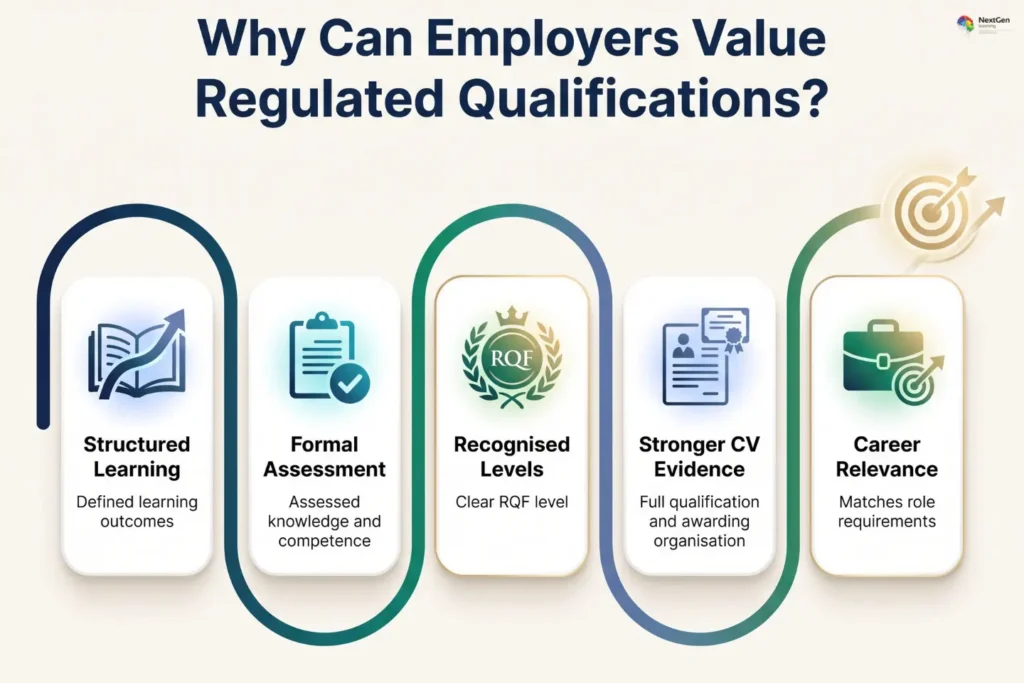 Infographic explaining why employers value regulated qualifications, highlighting structured learning, formal assessment, recognised RQF levels, stronger CV evidence, and career relevance aligned with role requirements.