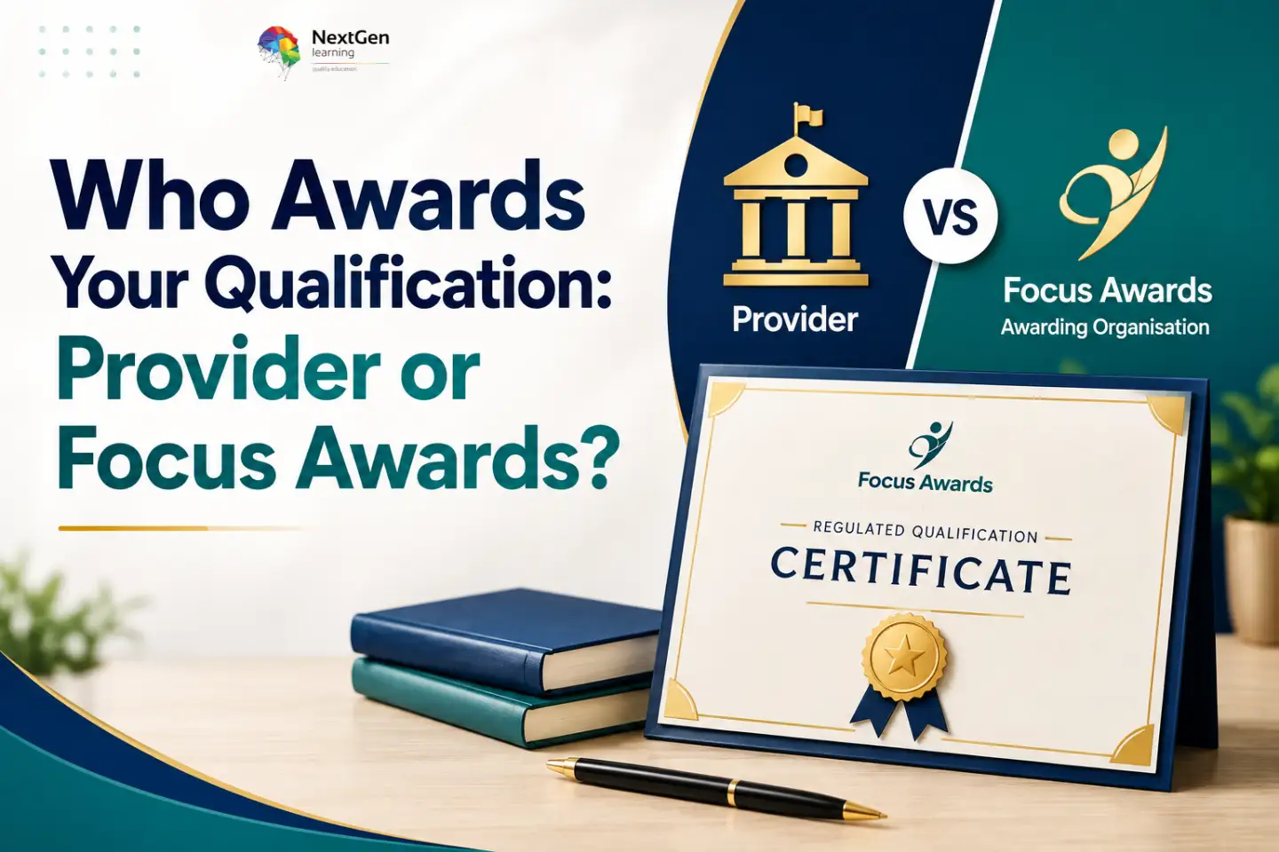Infographic explaining who awards qualifications, contrasting training providers with Focus Awards awarding organisation, and highlighting the regulated Focus Awards qualification certificate as the official recognition of achievement.