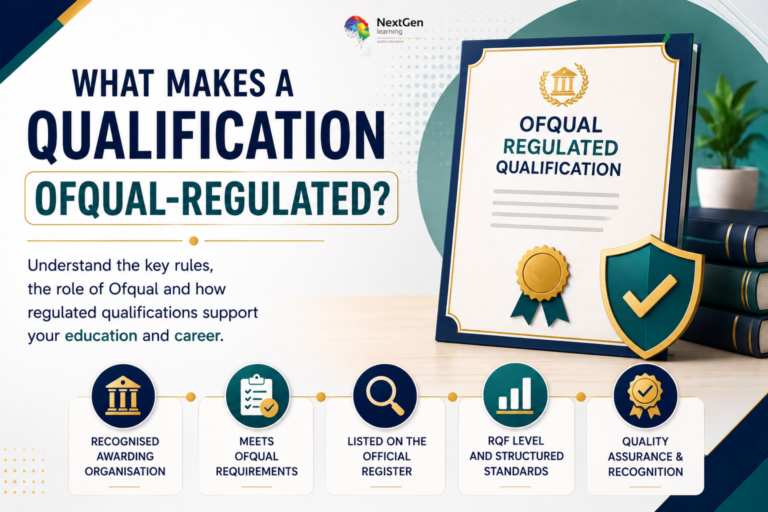 Infographic explaining Ofqual‑regulated qualifications, highlighting recognised awarding organisations, Ofqual requirements, official register listing, RQF levels with structured standards, and quality assurance for credibility and career recognition.